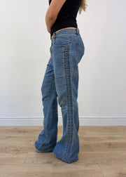 medium blue and cream denim patchwork jeans