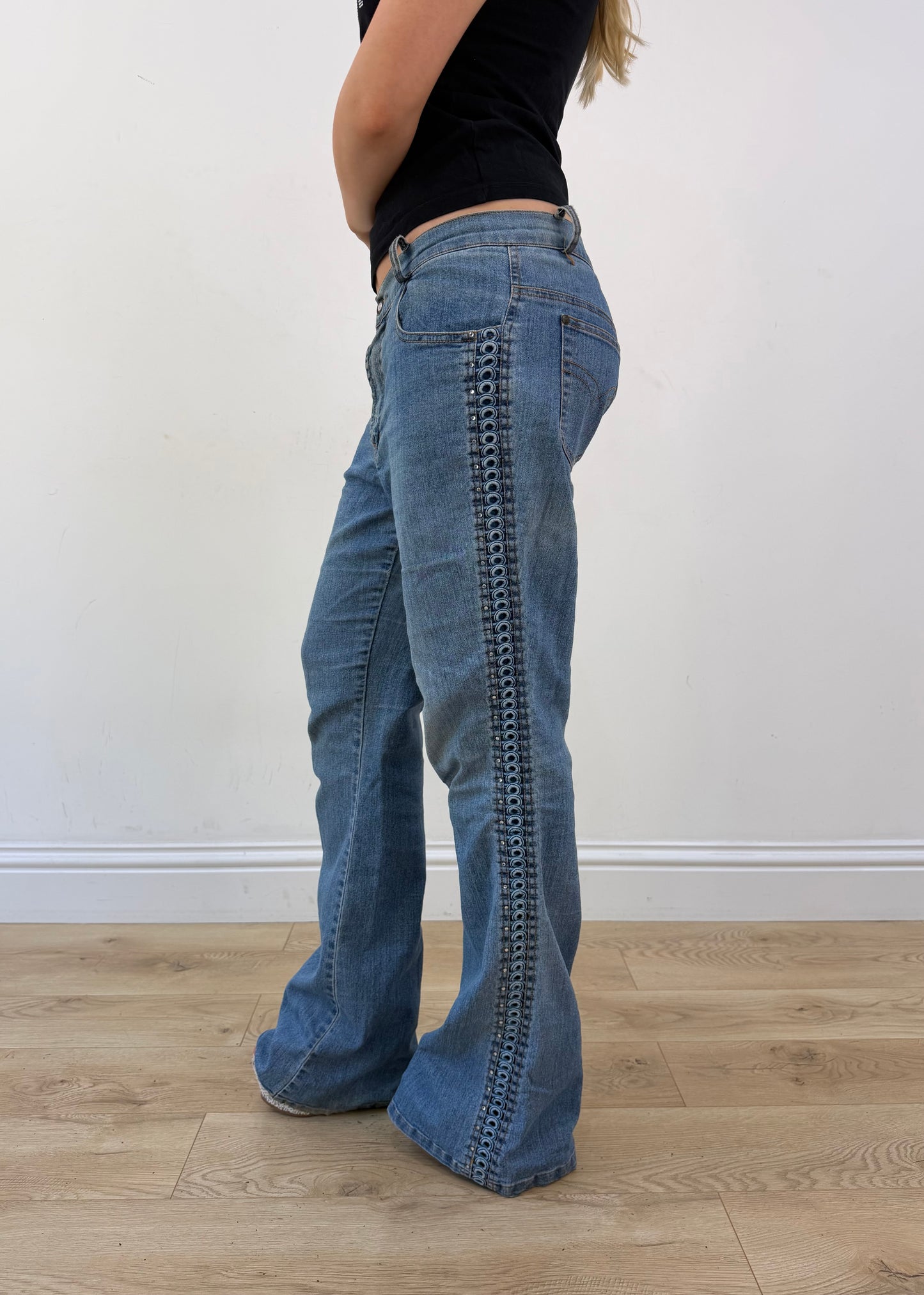 medium blue and cream denim patchwork jeans