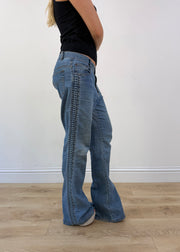 medium blue and cream denim patchwork jeans