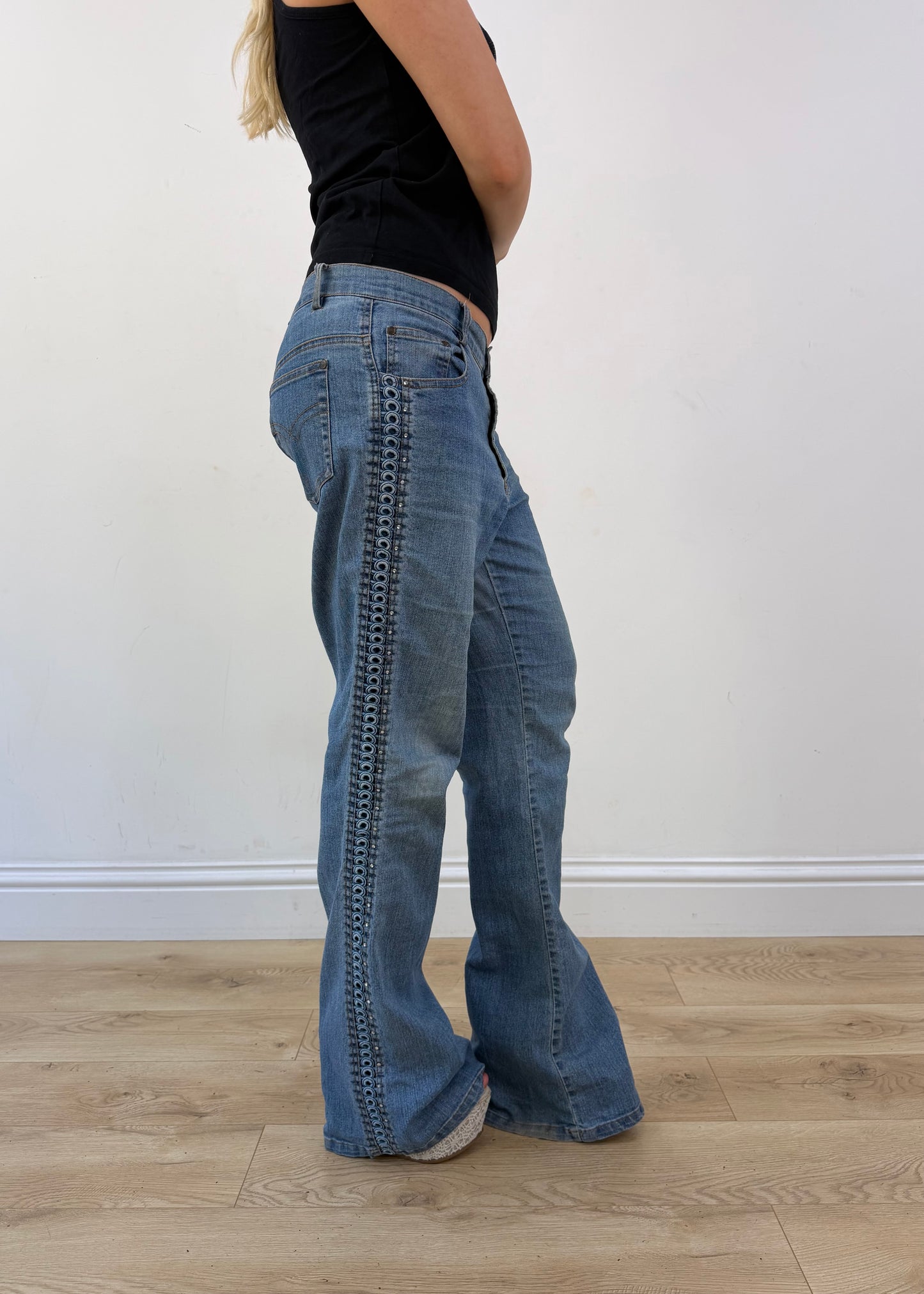 medium blue and cream denim patchwork jeans