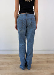 medium blue and cream denim patchwork jeans