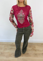 medium red and brown patterned long sleeve top image 2