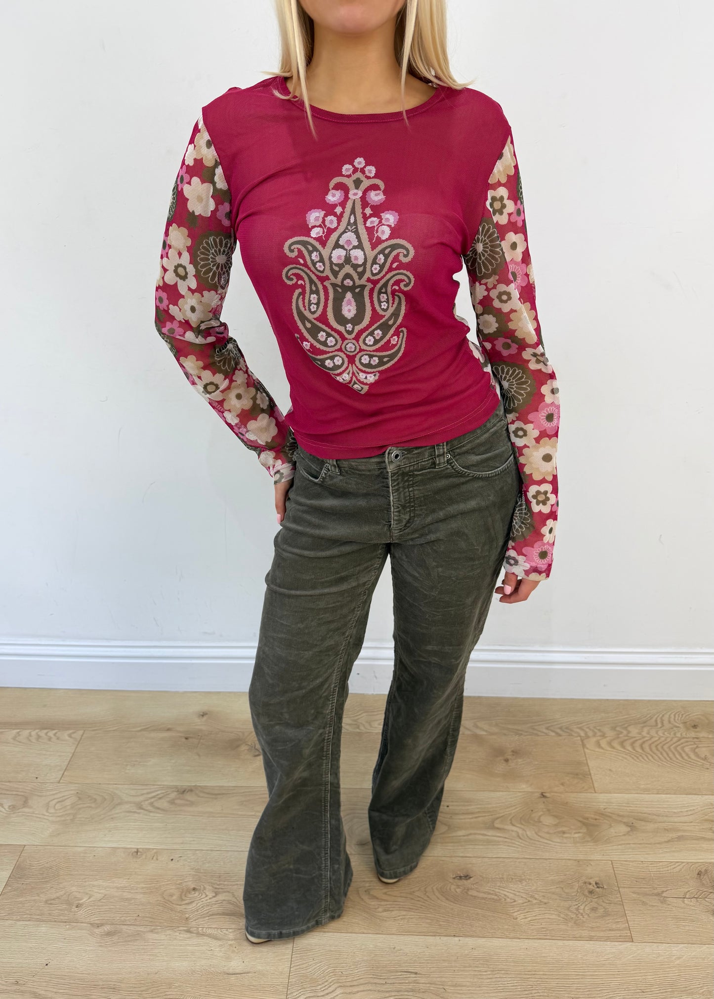 medium red and brown patterned long sleeve top image 2