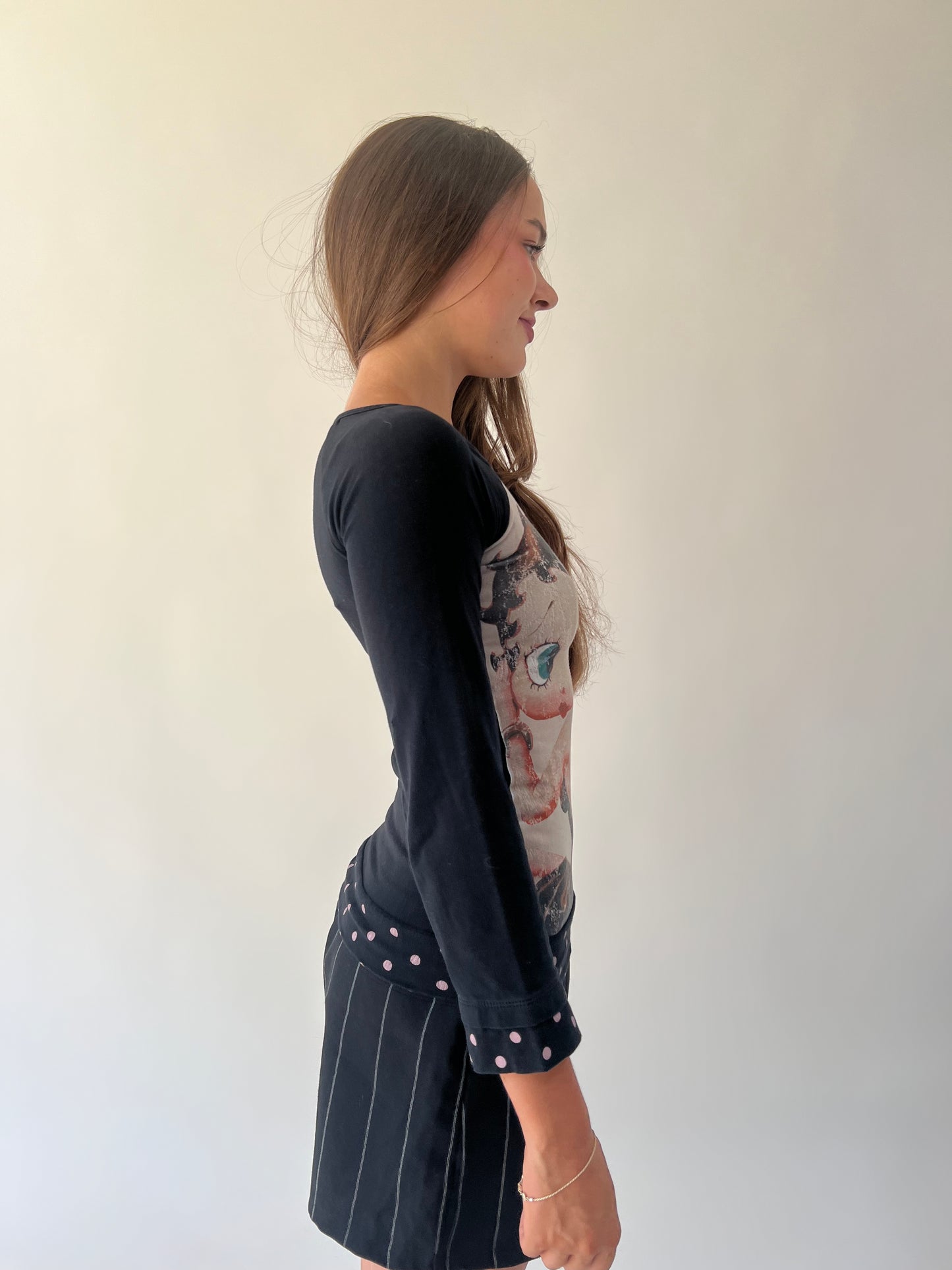 medium grey and black betty boop graphic long sleeve top angled front view