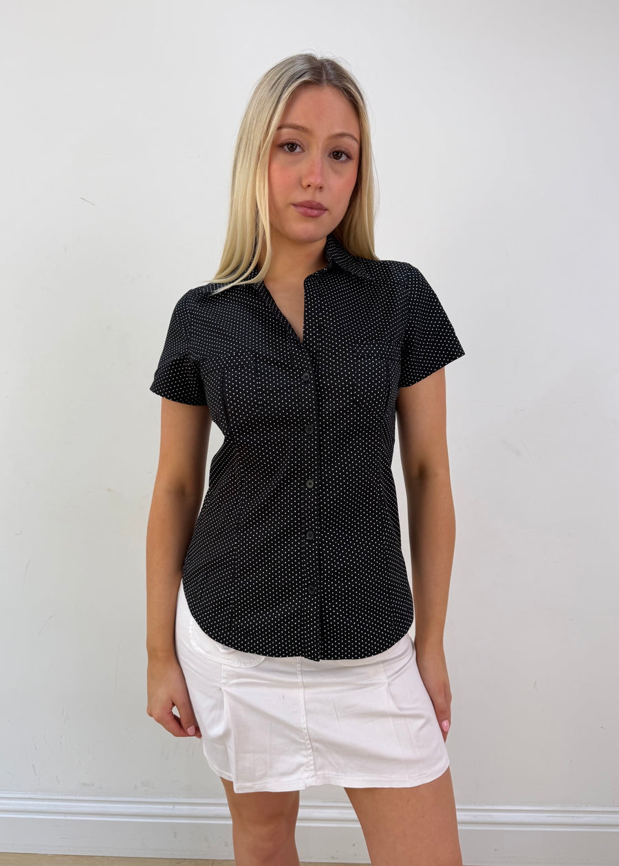 small black polka dot short sleeve shirt front zoom with face