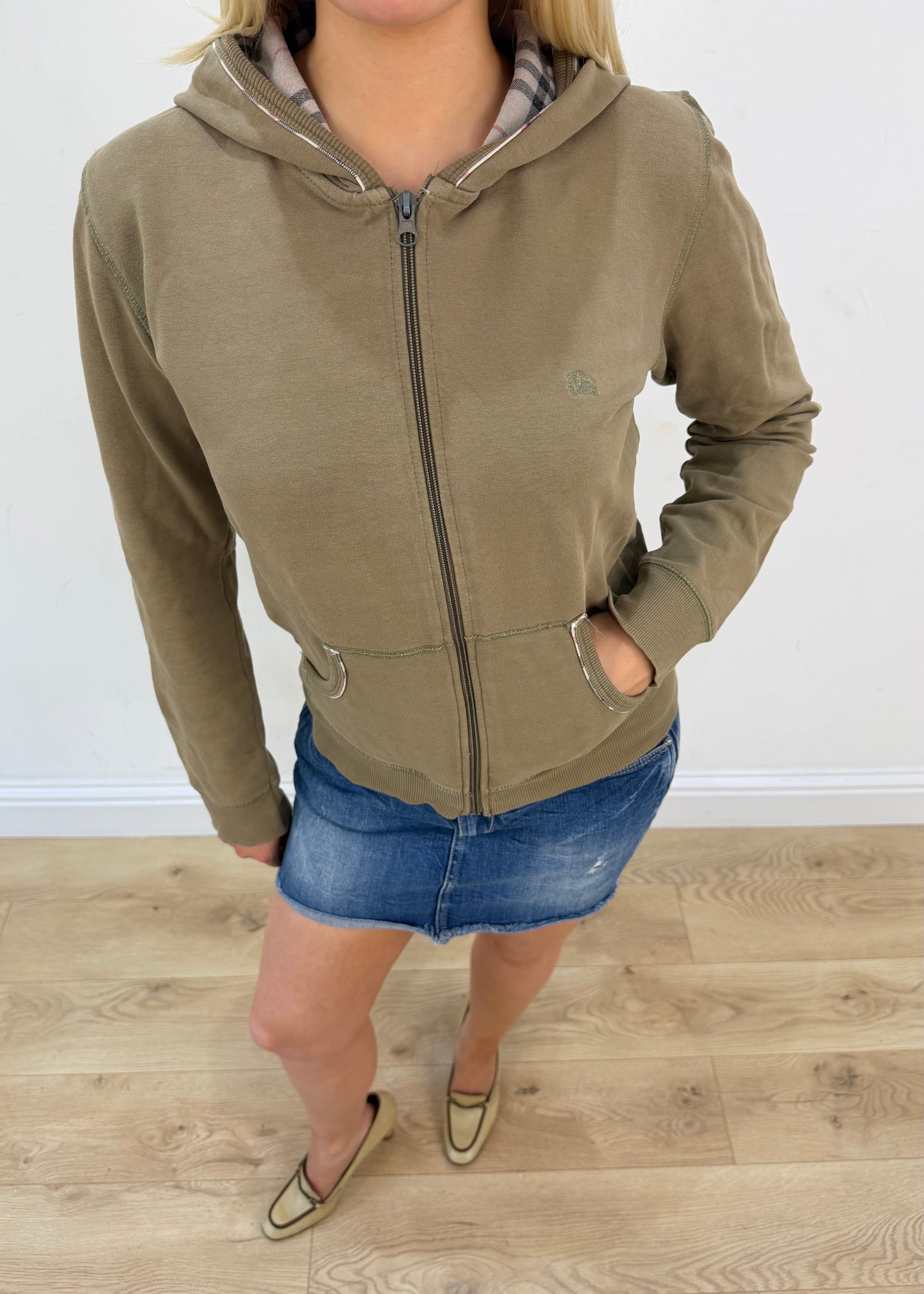 large brown burberry check-lined zip hoodie image 2