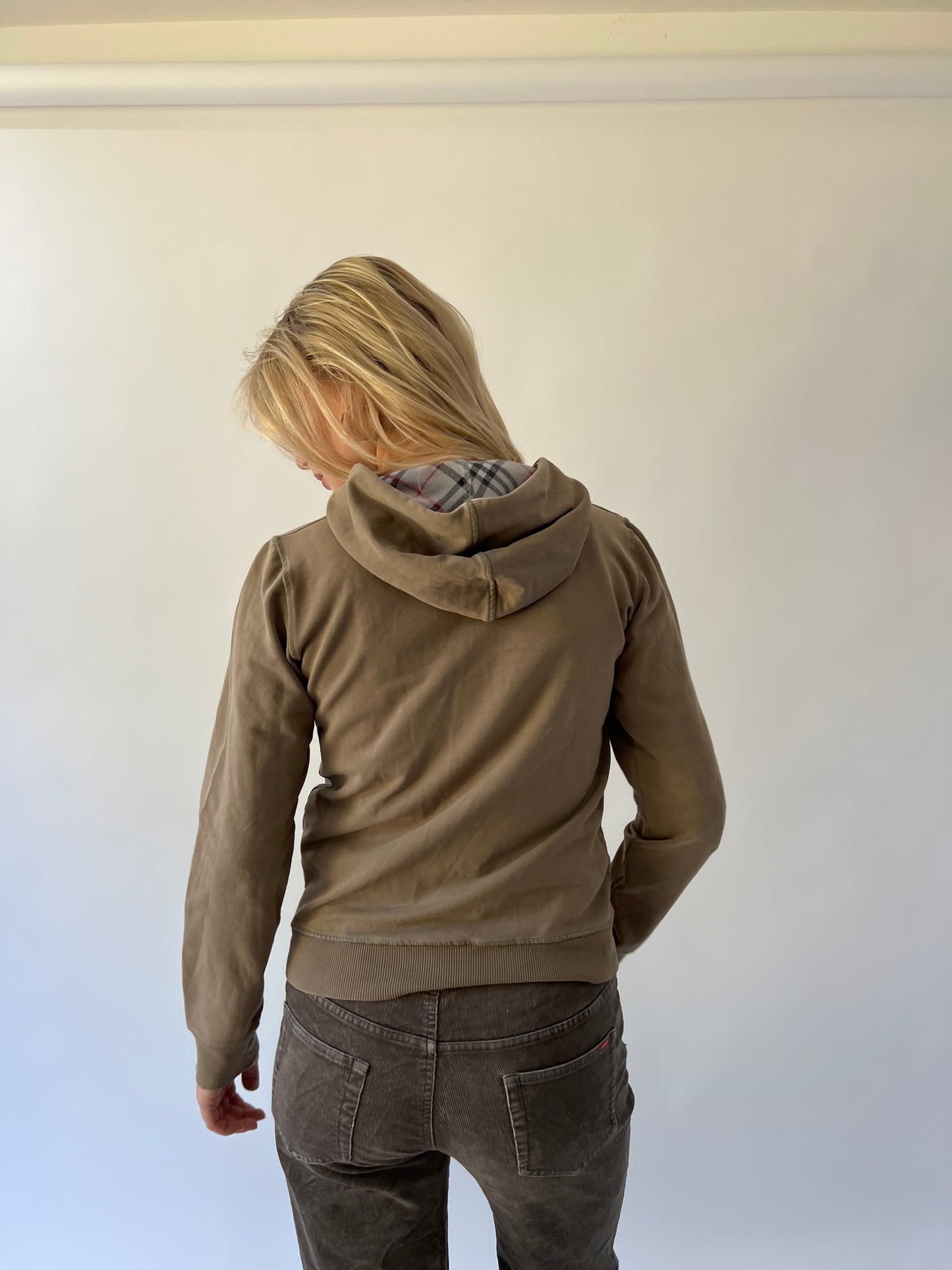 large brown burberry check-lined zip hoodie back angle