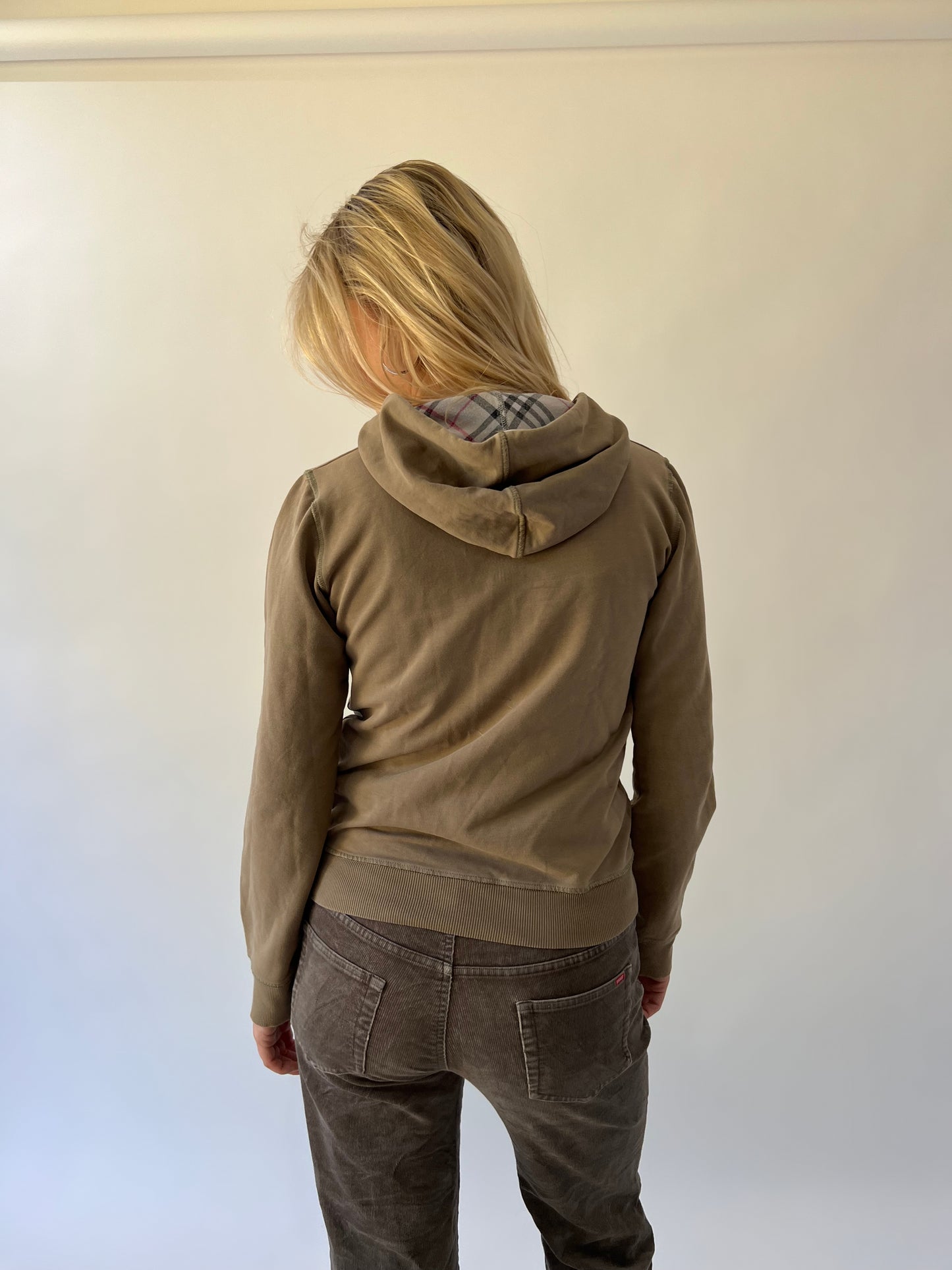 large brown burberry check-lined zip hoodie back