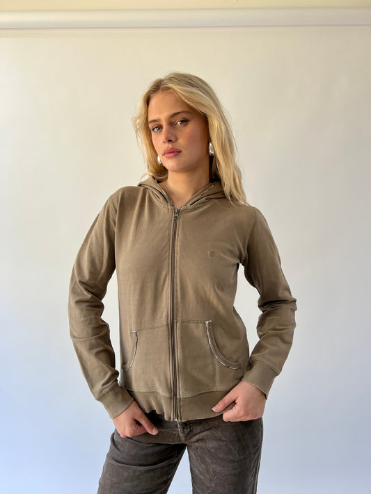 large brown burberry check-lined zip hoodie front view