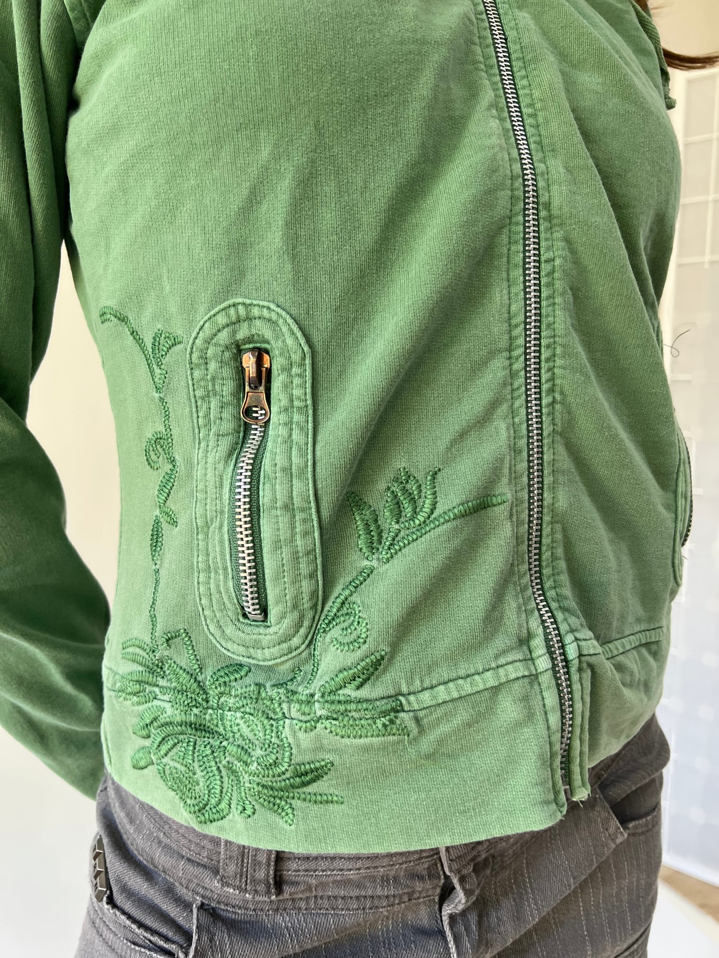 large green yfs embroidered zip hoodie front embroidery detail