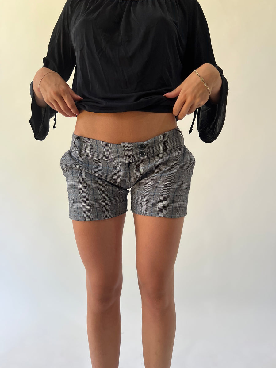 large grey plaid tailored shorts front view