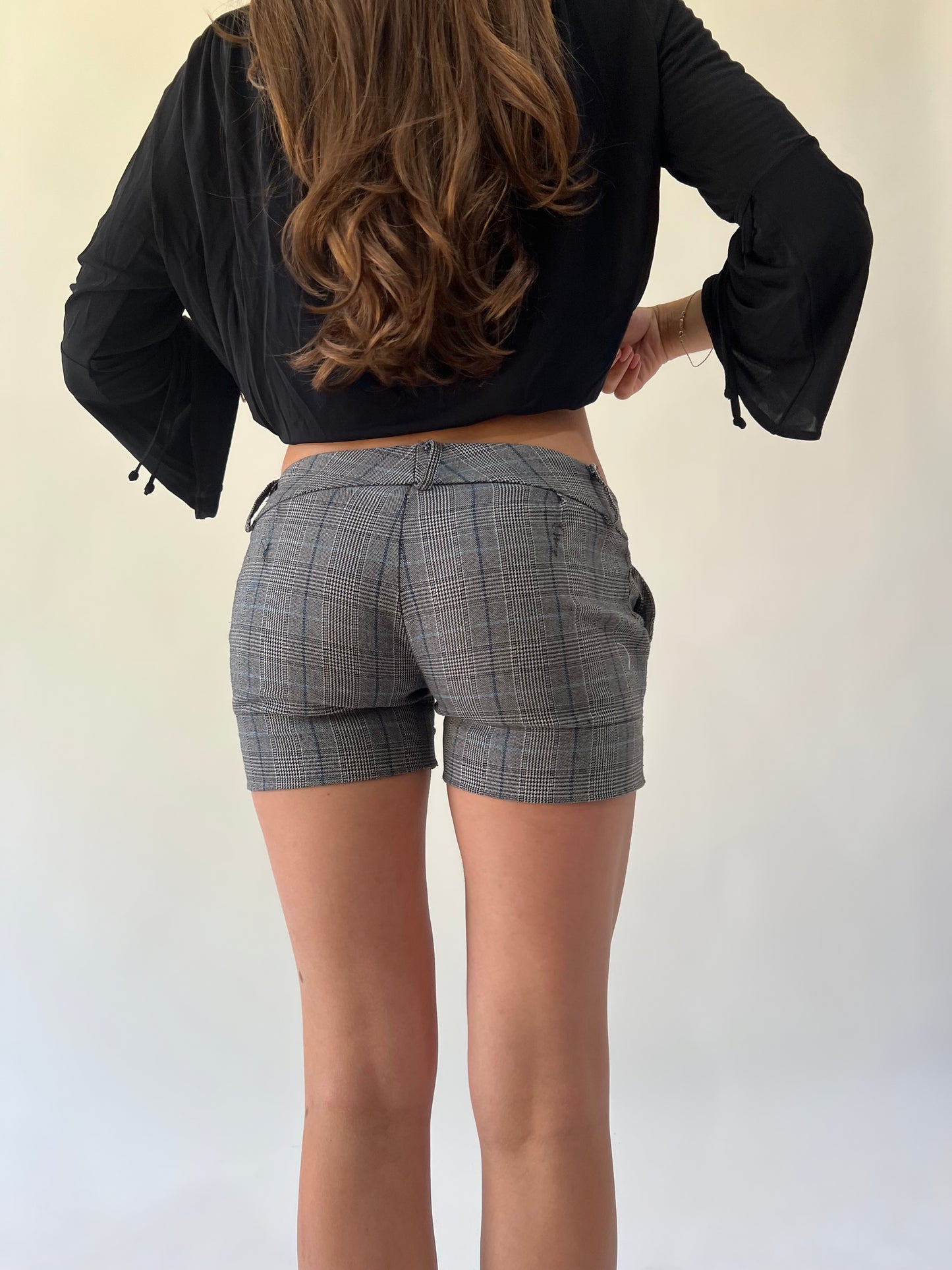 large grey plaid tailored shorts back view