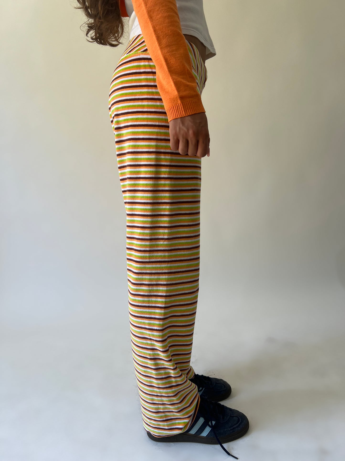 large multicoloured striped flared trousers alternate side view