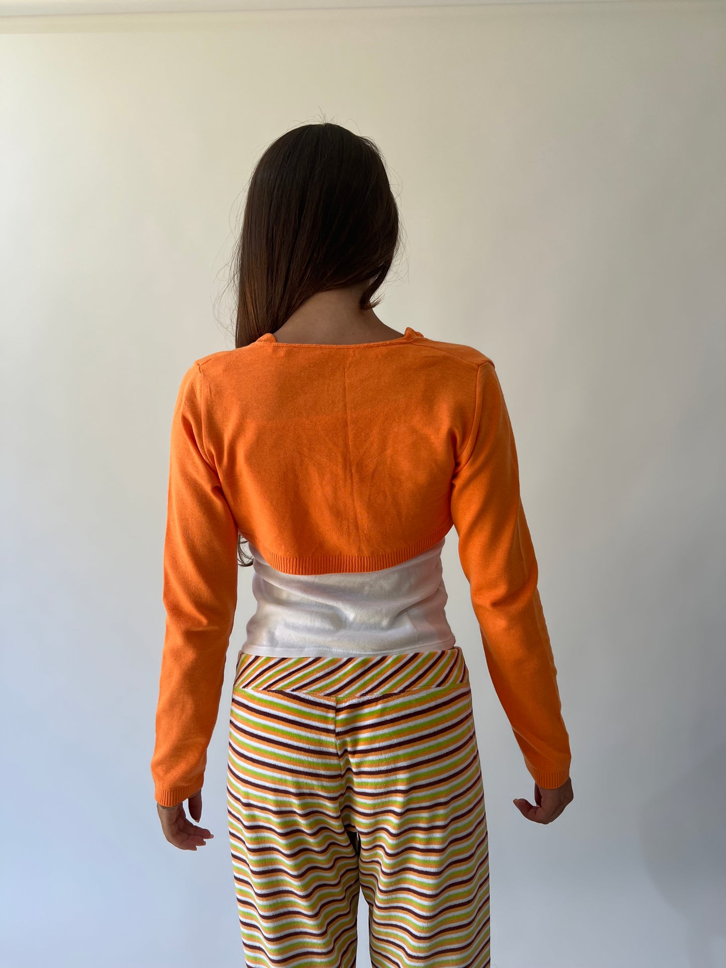 large multicoloured striped flared trousers alternate back view