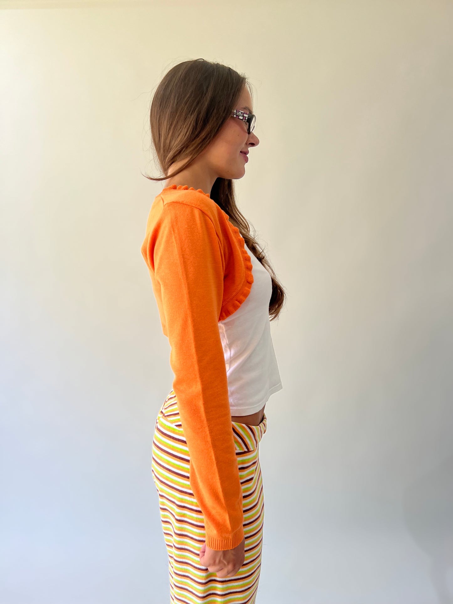 large multicoloured striped flared trousers alternate side view