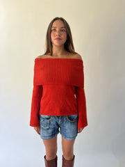 large orange off-shoulder ribbed sweater angled view