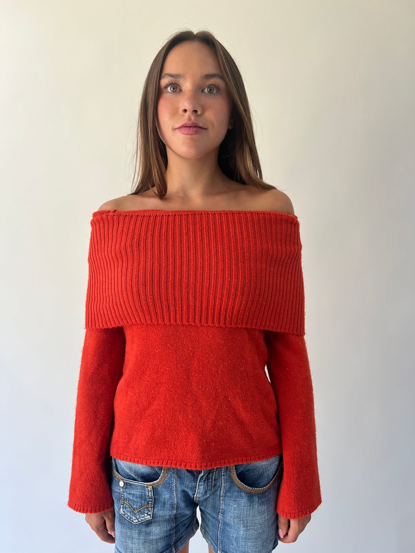 large orange off-shoulder ribbed sweater alternate view