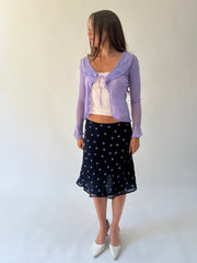 medium black and purple polka dot sheer midi skirt front view