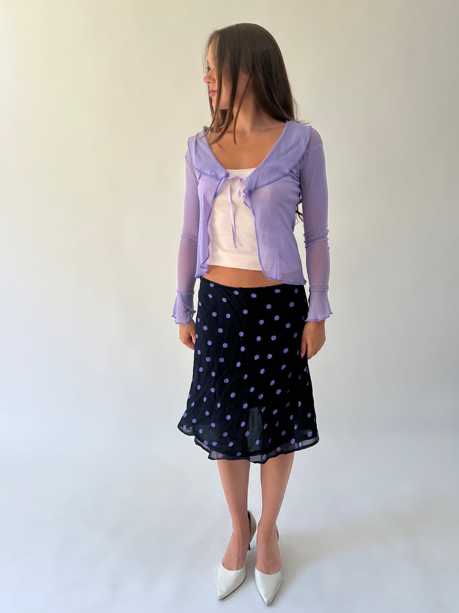 medium black and purple polka dot sheer midi skirt front view
