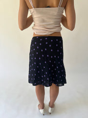 medium black and purple polka dot sheer midi skirt back view