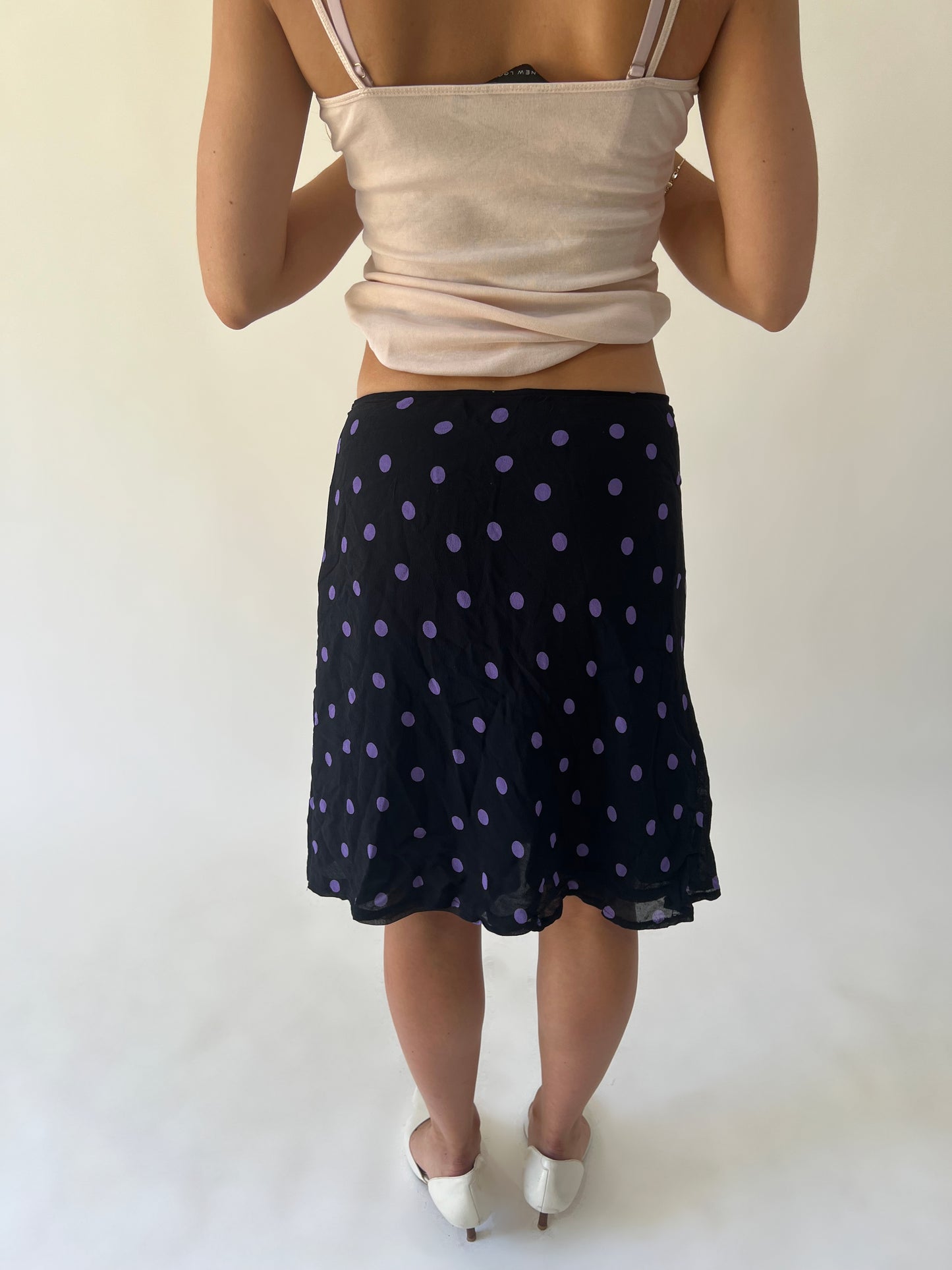 medium black and purple polka dot sheer midi skirt back view