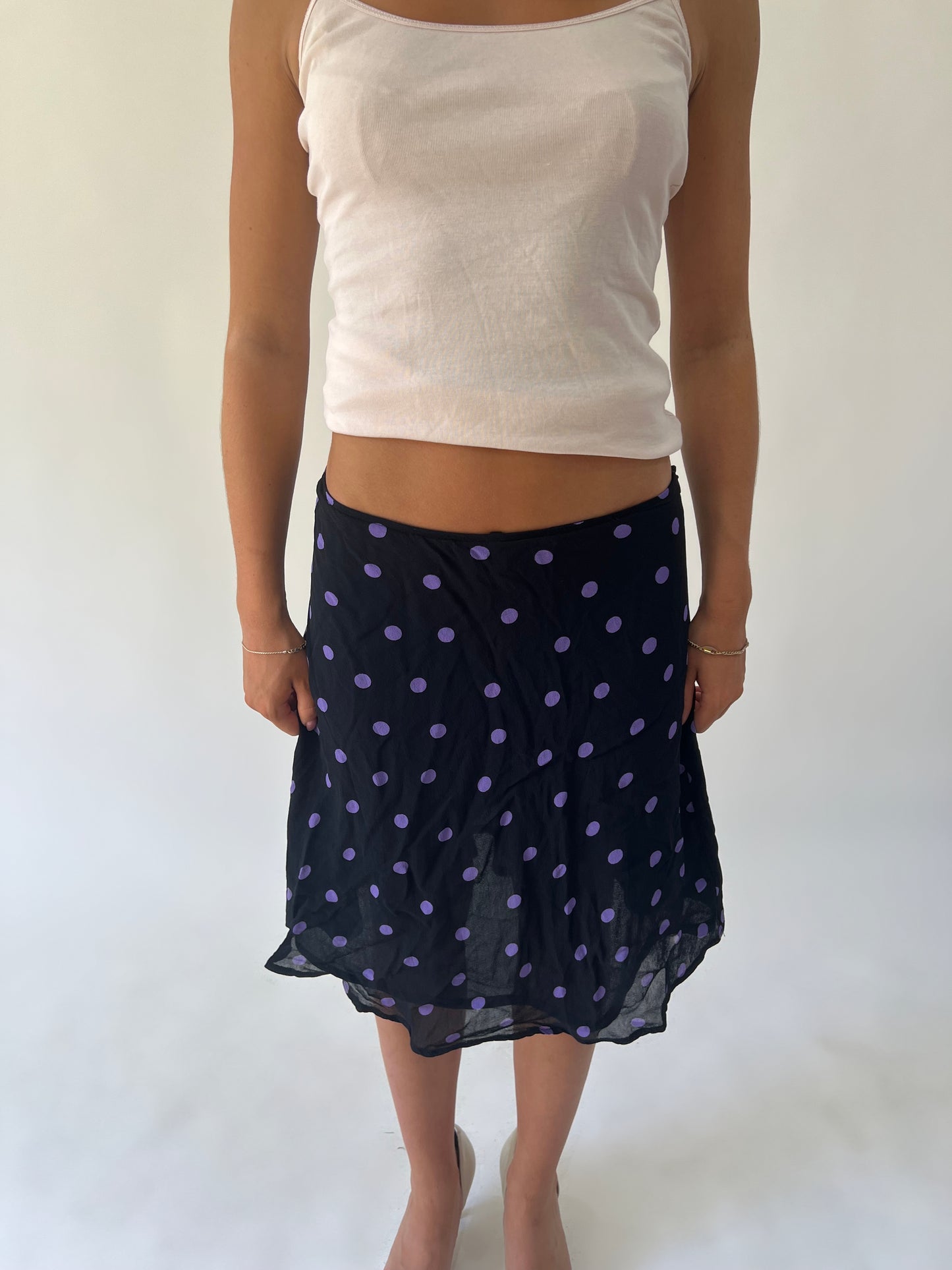 medium black and purple polka dot sheer midi skirt close front view