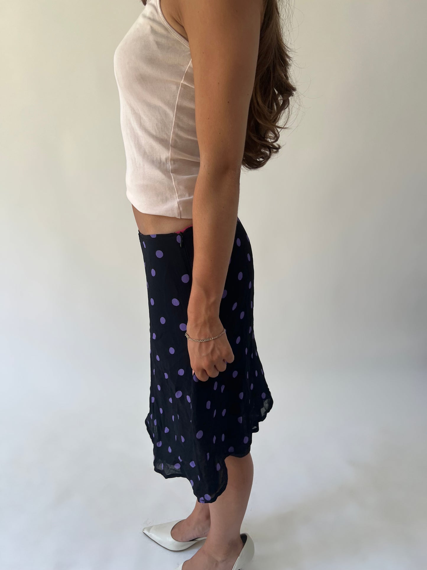 medium black and purple polka dot sheer midi skirt left side view