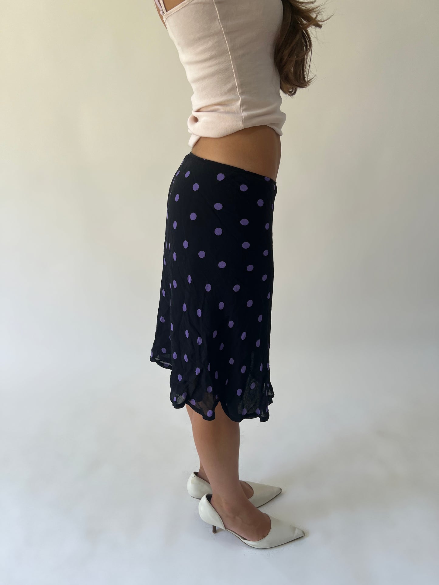 medium black and purple polka dot sheer midi skirt side view