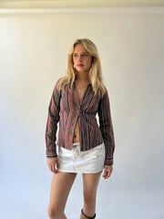 medium brown and red striped fitted shirt front view