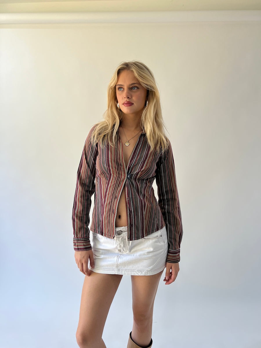 medium brown and red striped fitted shirt front view
