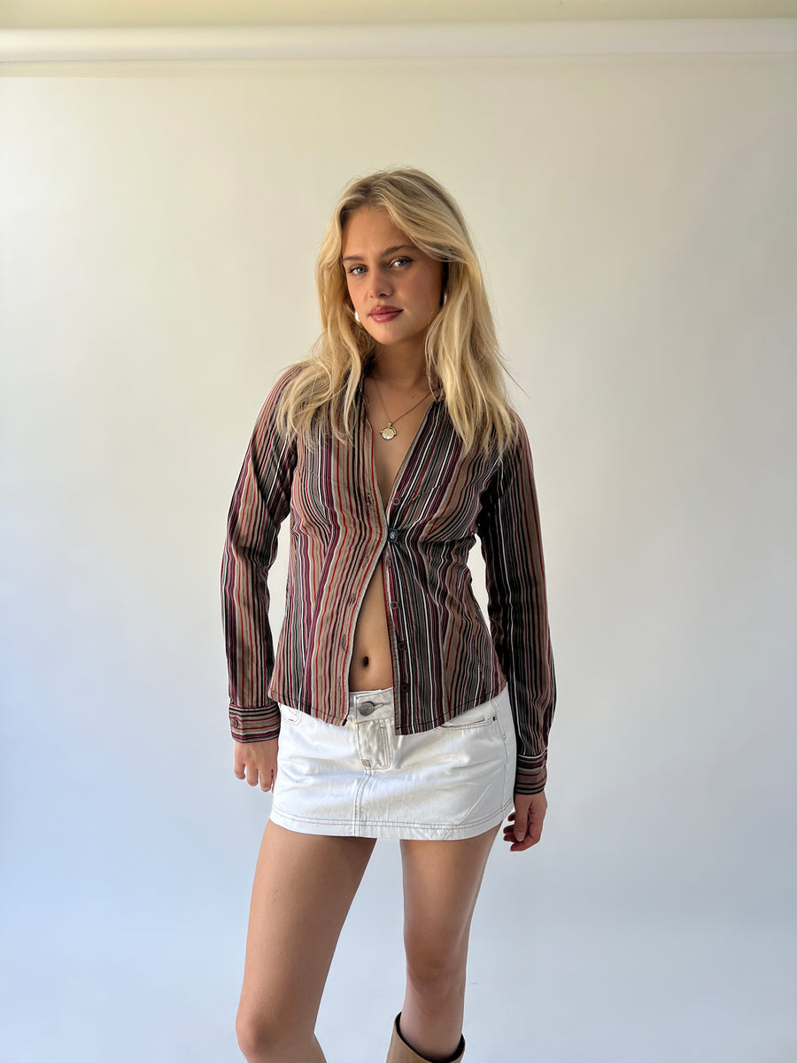 medium brown and red striped fitted shirt alternate front view