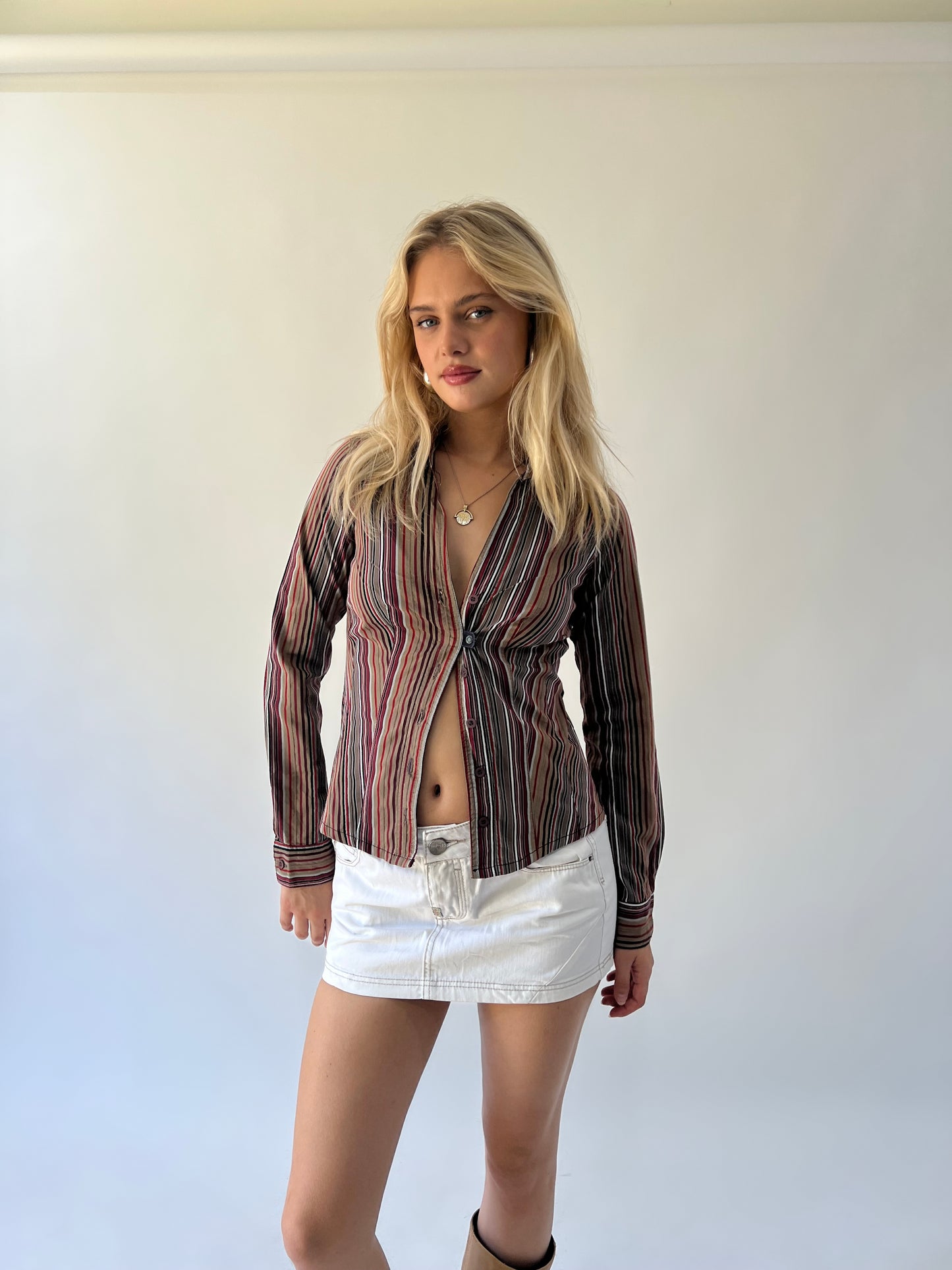 medium brown and red striped fitted shirt alternate front view