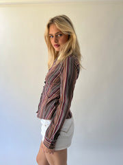 medium brown and red striped fitted shirt angled view