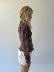 medium brown and red striped fitted shirt side view