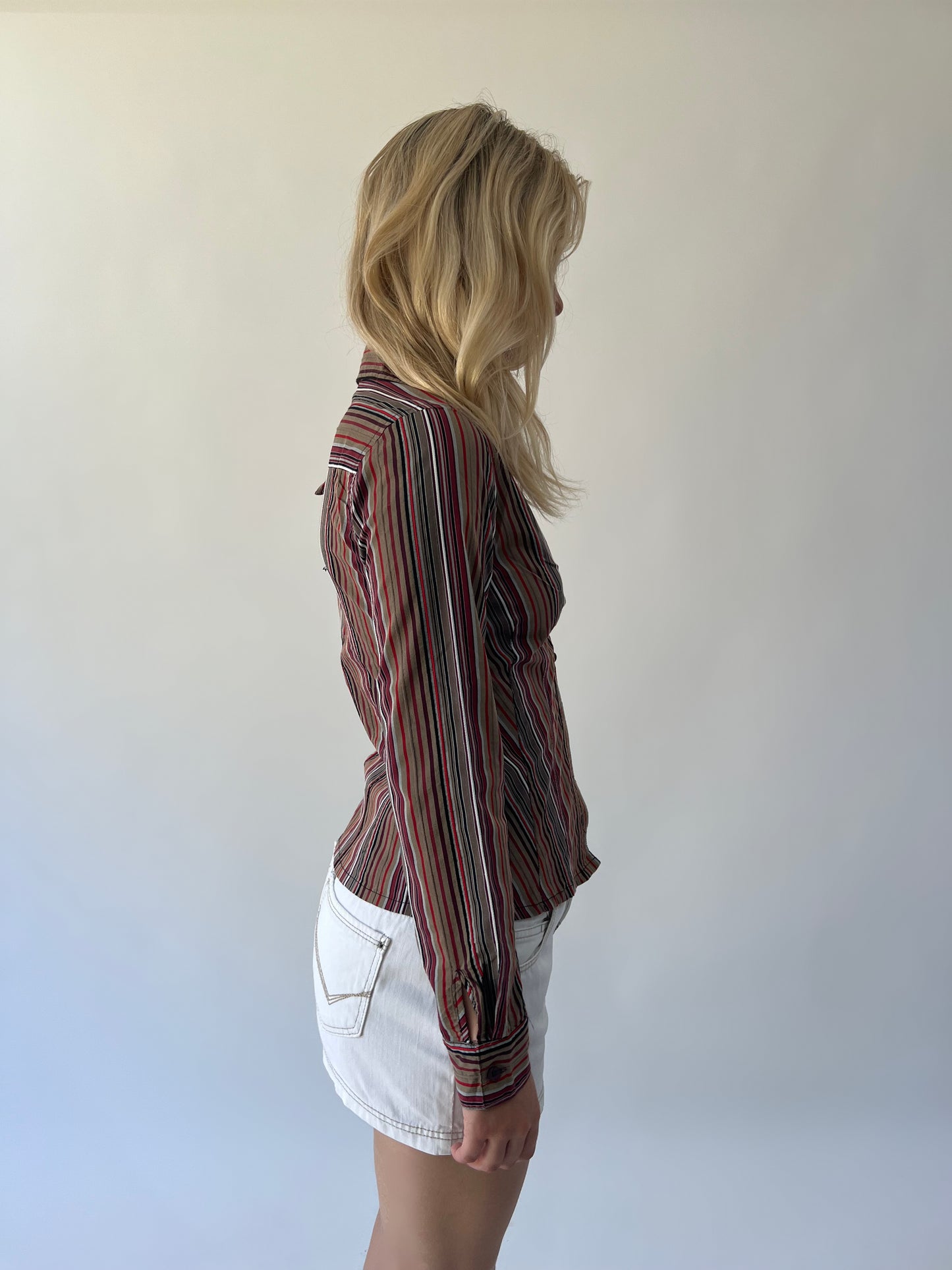 medium brown and red striped fitted shirt side view