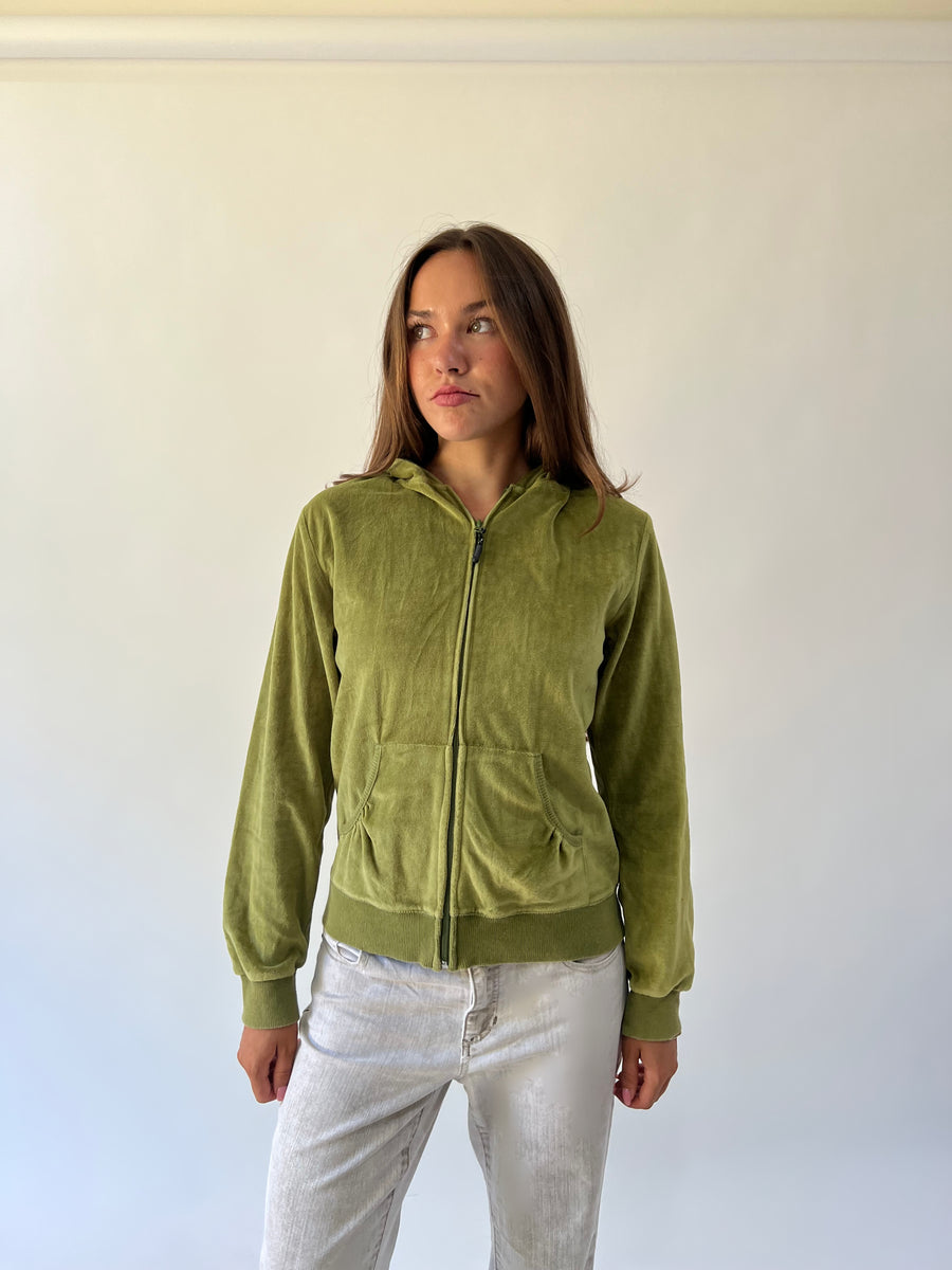 medium olive green velour zip hoodie front view