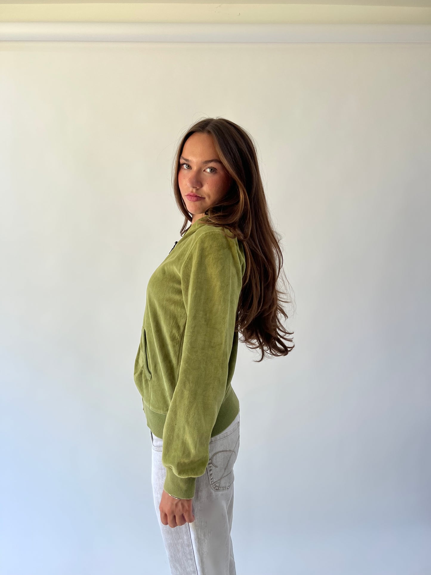medium olive green velour zip hoodie side view