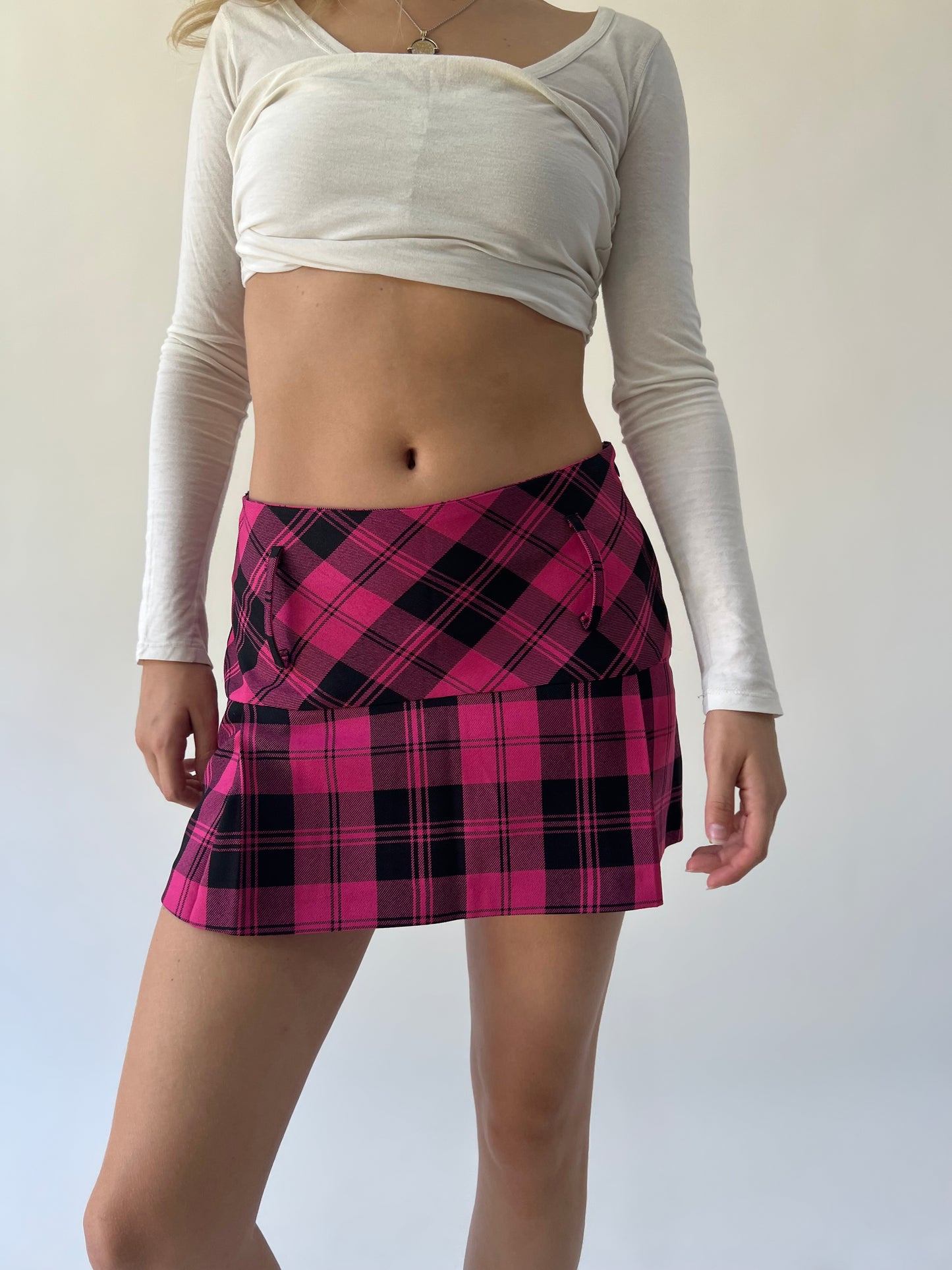 medium pink and black plaid mini skirt front view