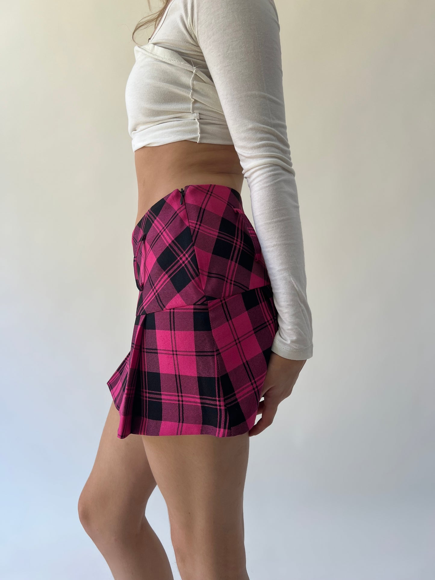 medium pink and black plaid mini skirt side view