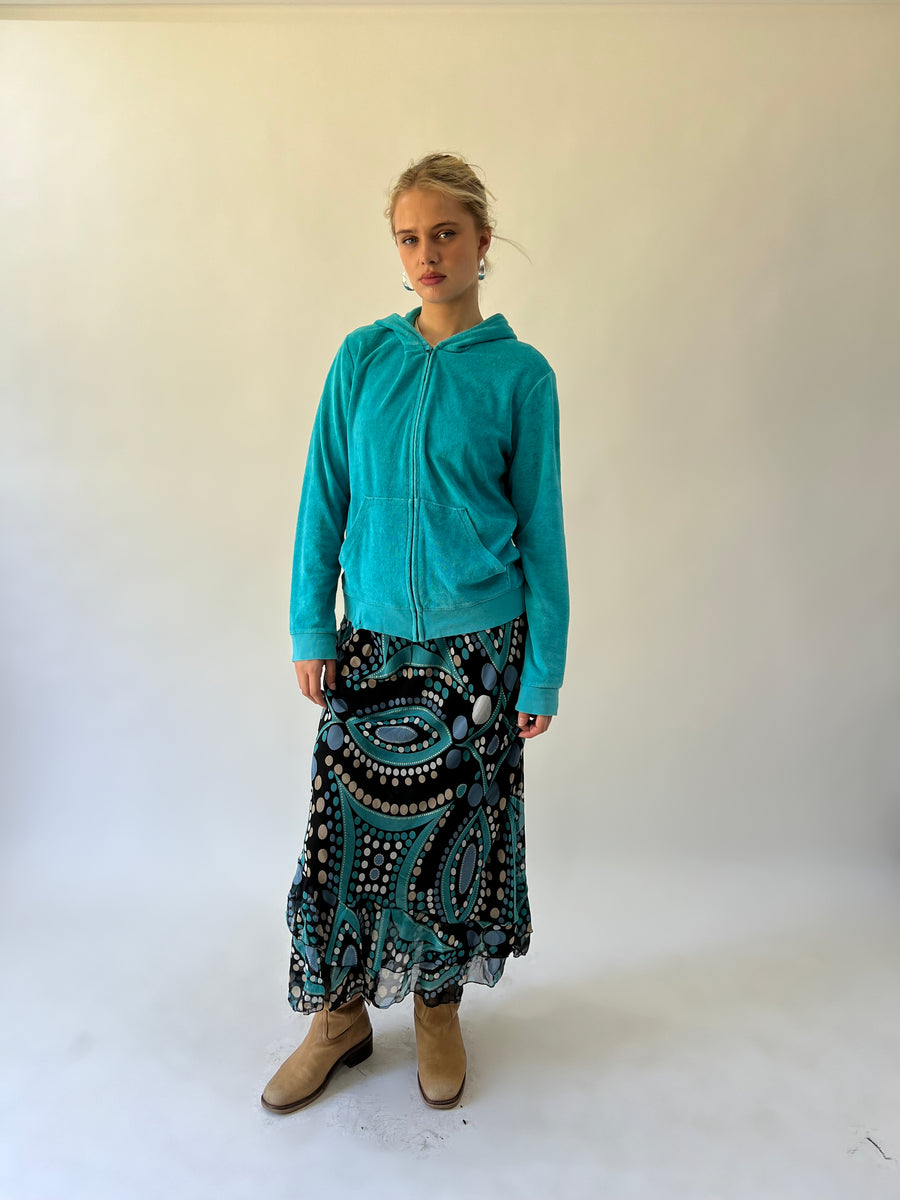 medium turquoise velour zip hoodie front view