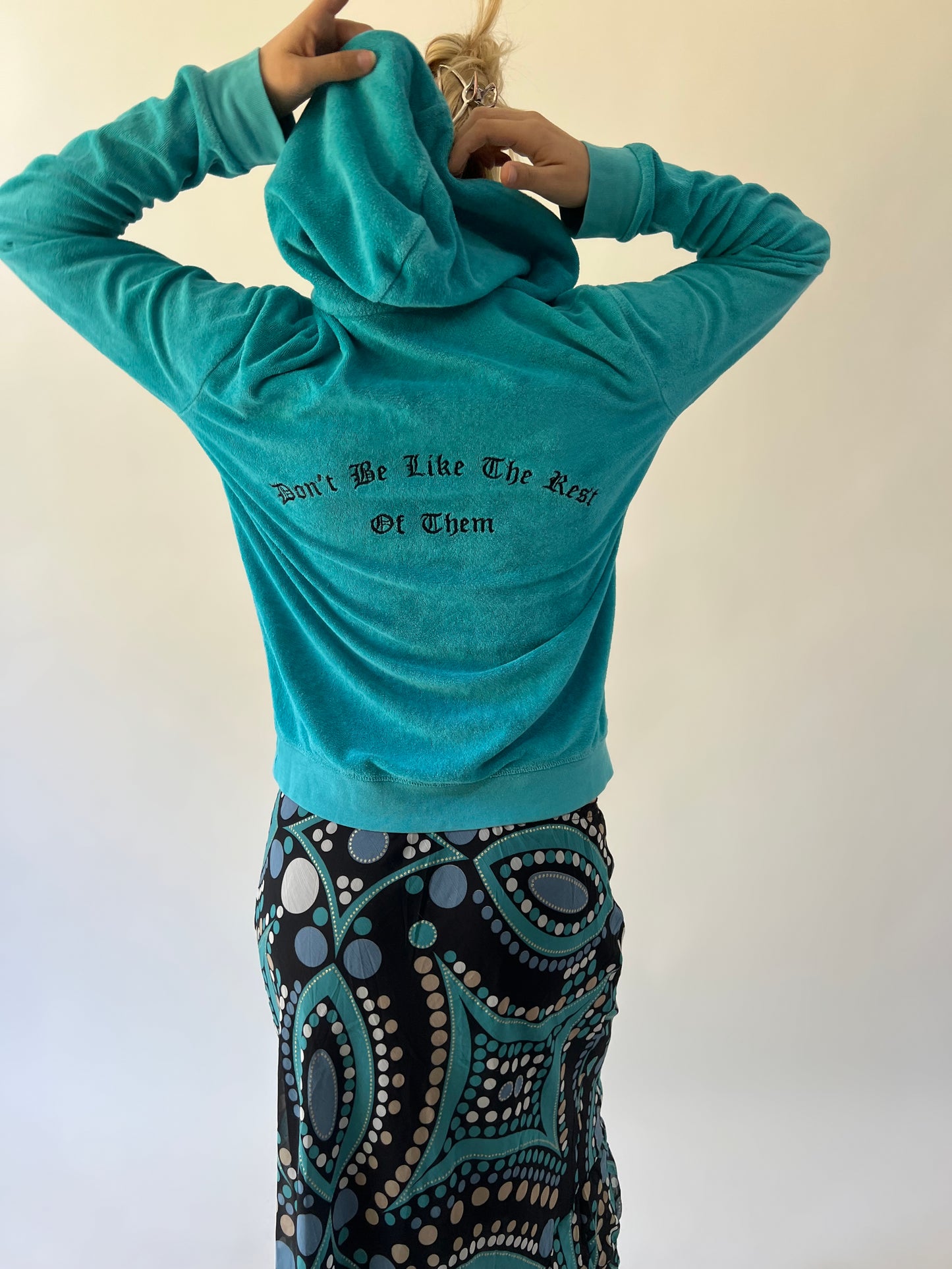 medium turquoise velour zip hoodie back view