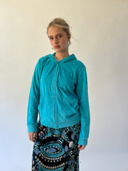 medium turquoise velour zip hoodie close front view