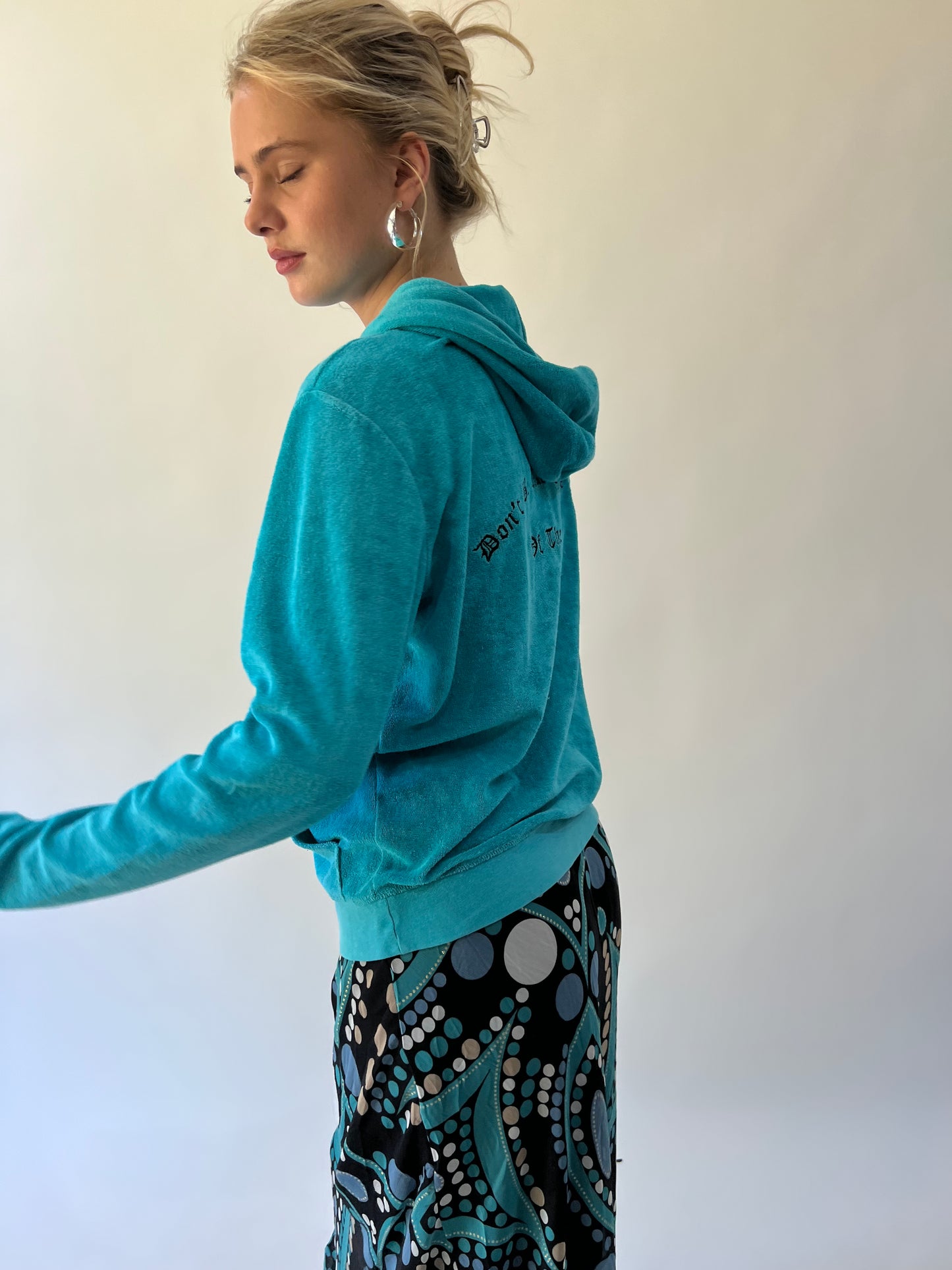medium turquoise velour zip hoodie side view