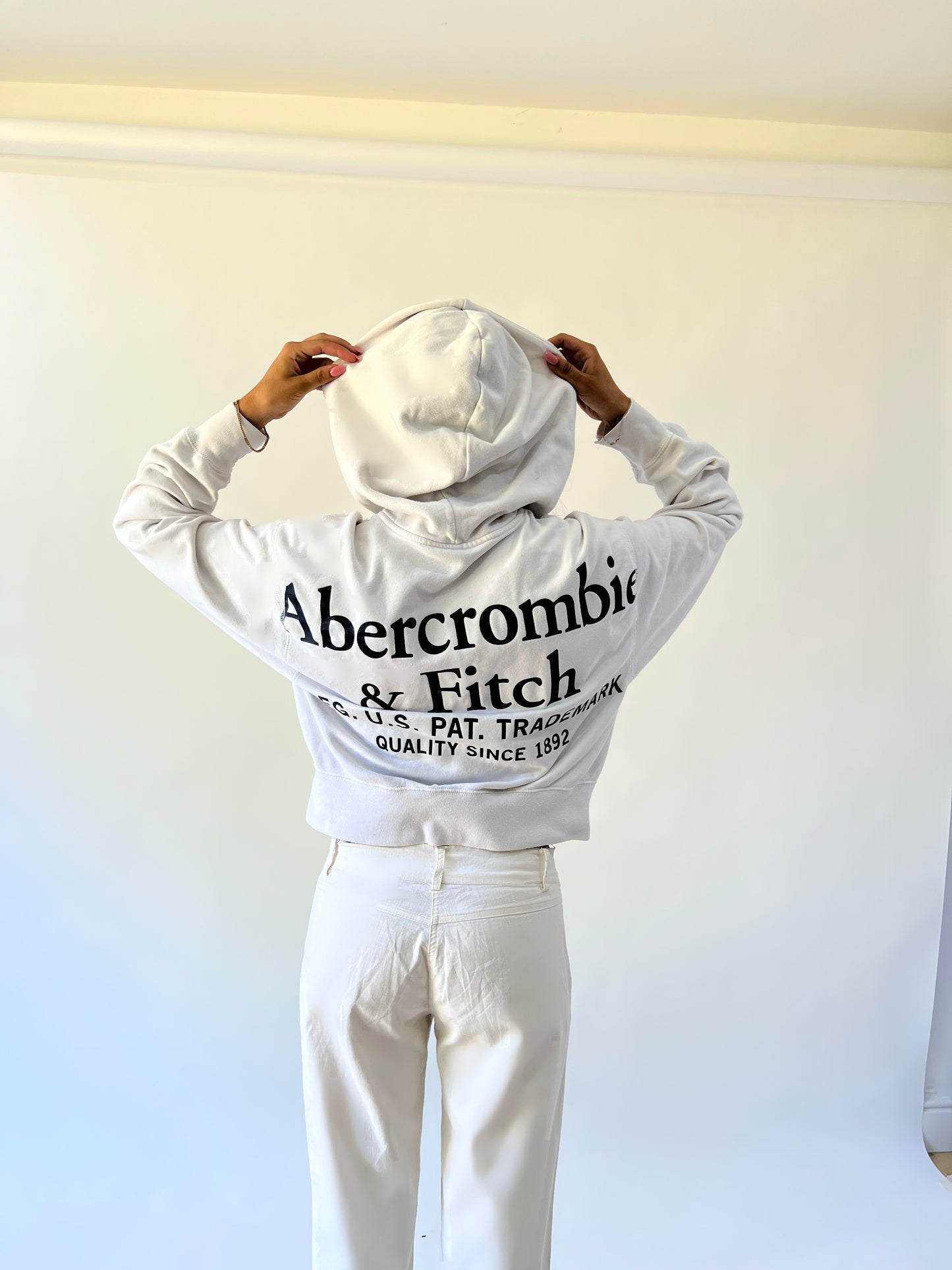 medium white abercrombie and fitch zip hoodie back view