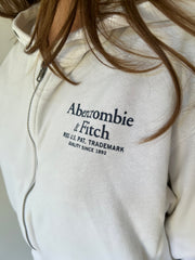 medium white abercrombie and fitch zip hoodie front logo detail