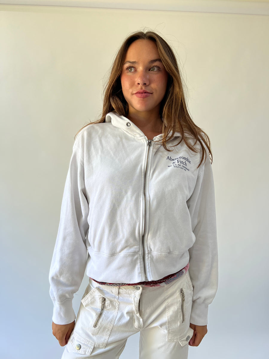 medium white abercrombie and fitch zip hoodie front view
