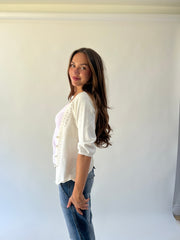 medium white crochet knit cardigan angled view