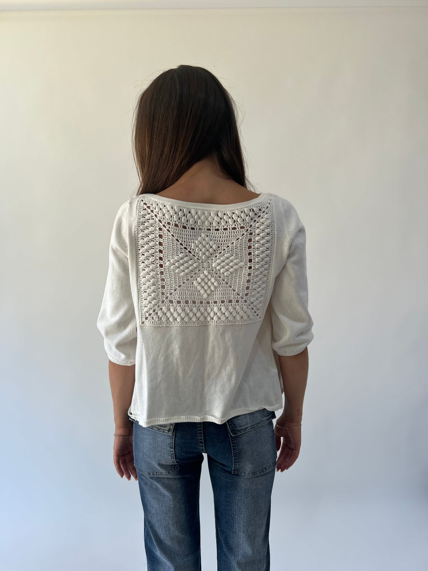 medium white crochet knit cardigan back view