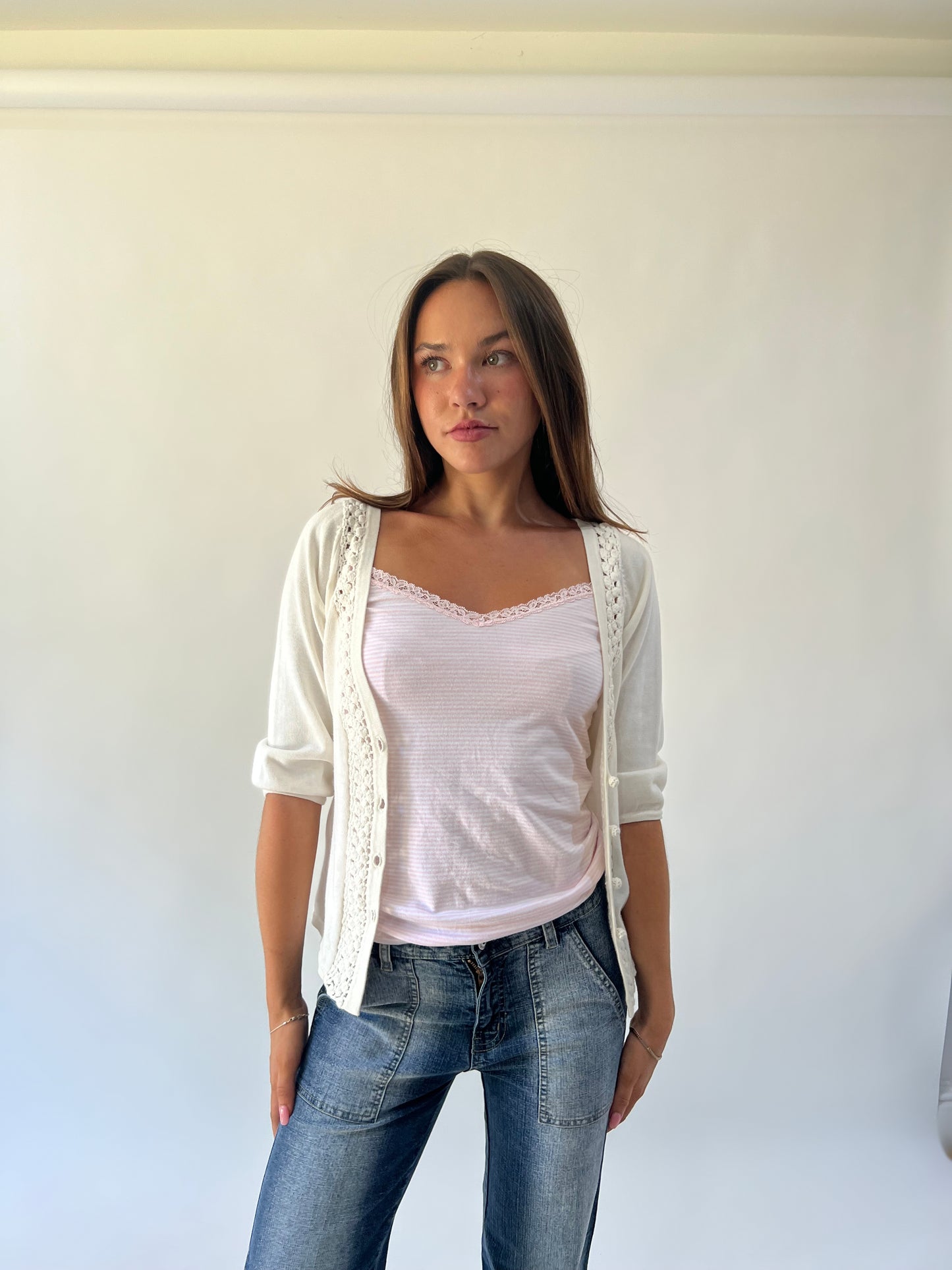 medium white crochet knit cardigan front view
