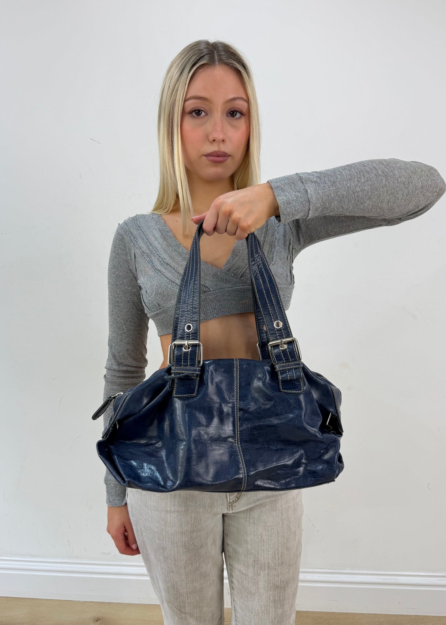 one size navy blue structured shoulder bag image 5
